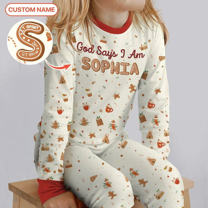 GingerBread God Says I Am Custom Name Two Piece Long Sleeve Pajama Set , GingerBread God Says I Am Custom Name Two Piece Long Sleeve Pajama Set - 12-18M