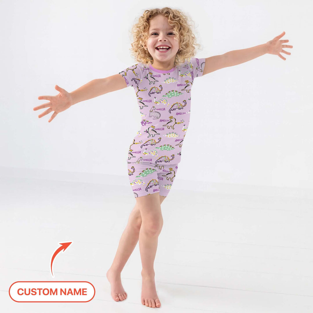 Custom Name Mardi Gras Saurus Bamboo Two Piece Short Sleeve Shorts Pajama Set
