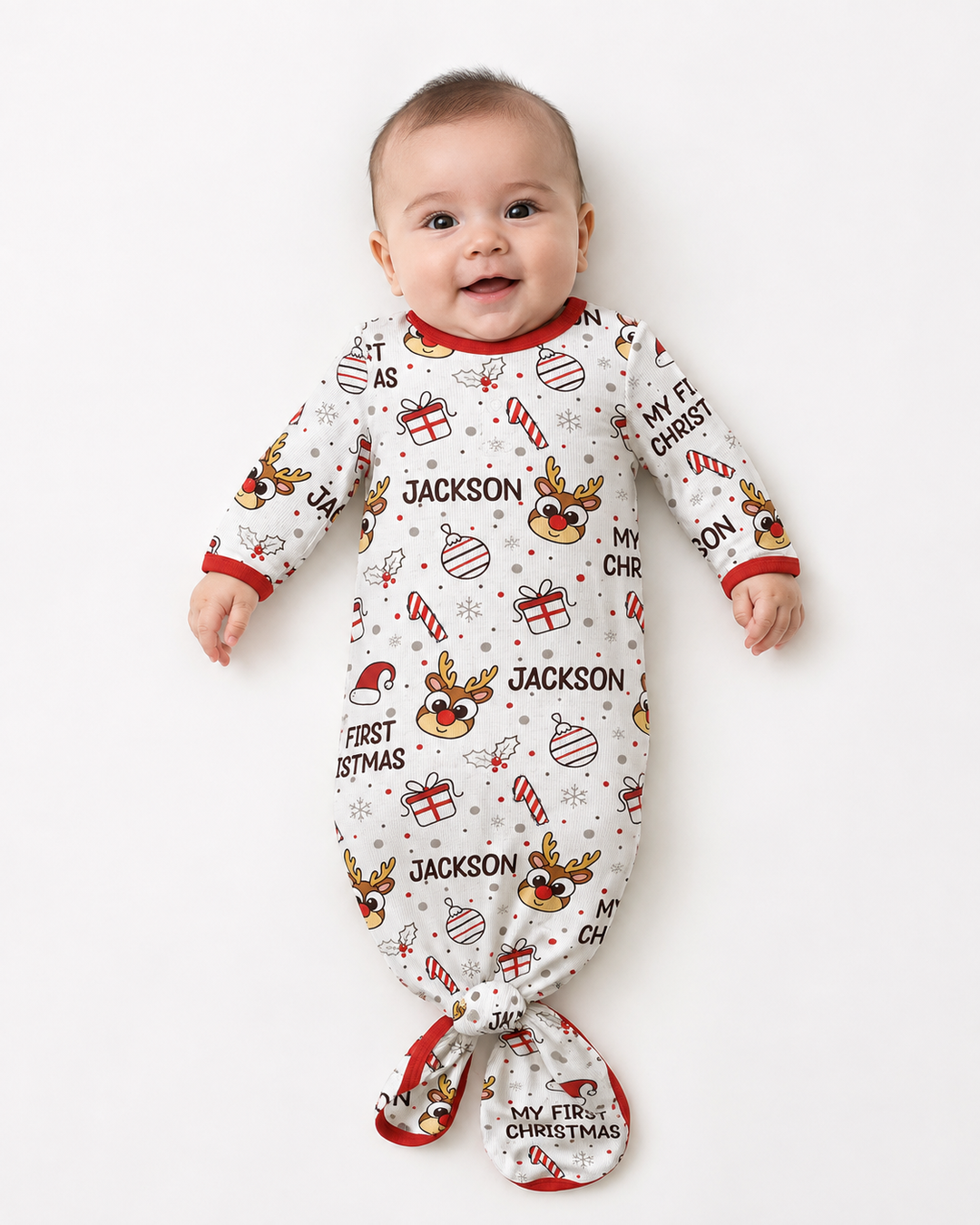 Custom Name Reindeer Doodle My First Christmas Bamboo Knot Gown