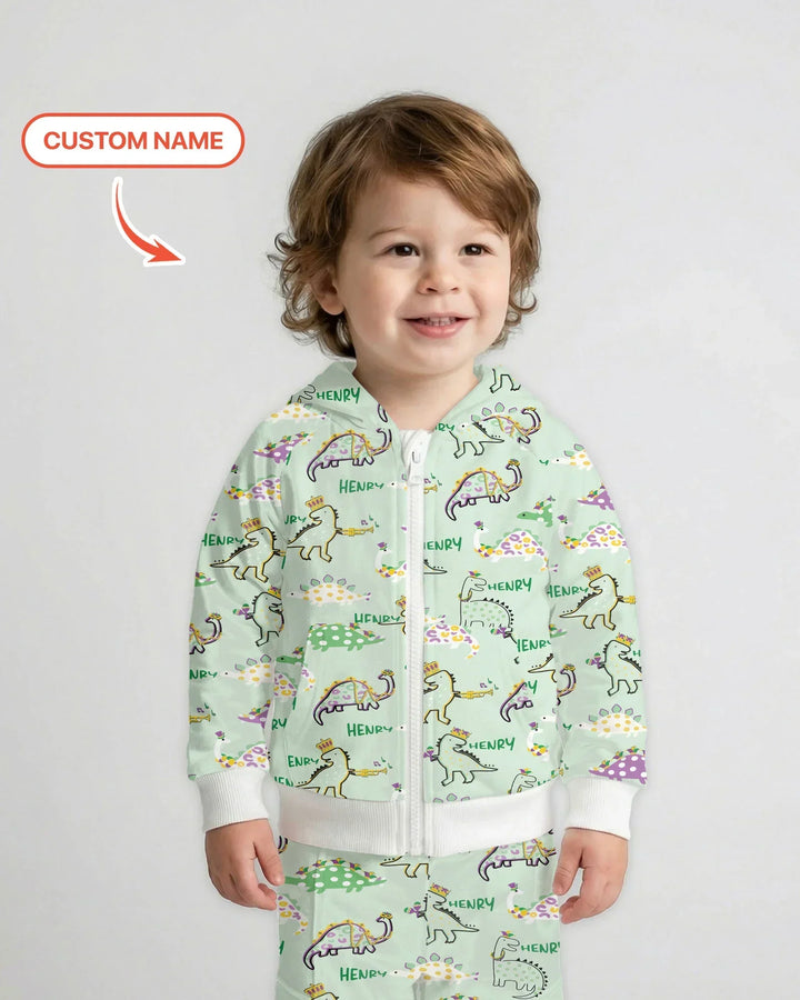 Personalisierter Name Mardi Gras Saurus Kapuzenpullover aus Bambus mit Reißverschluss