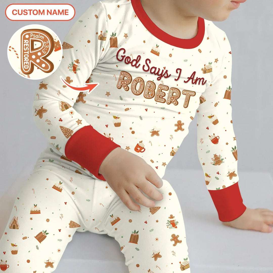 GingerBread God Says I Am Custom Name Two Piece Long Sleeve Pajama Set , GingerBread God Says I Am Custom Name Two Piece Long Sleeve Pajama Set - 12-18M