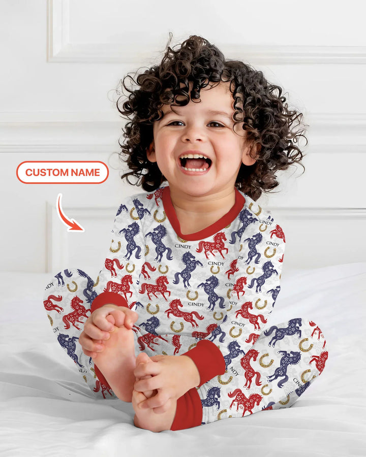 Custom Name Chinoiserie Horses Bamboo Two Piece Long Sleeve Pajama Set