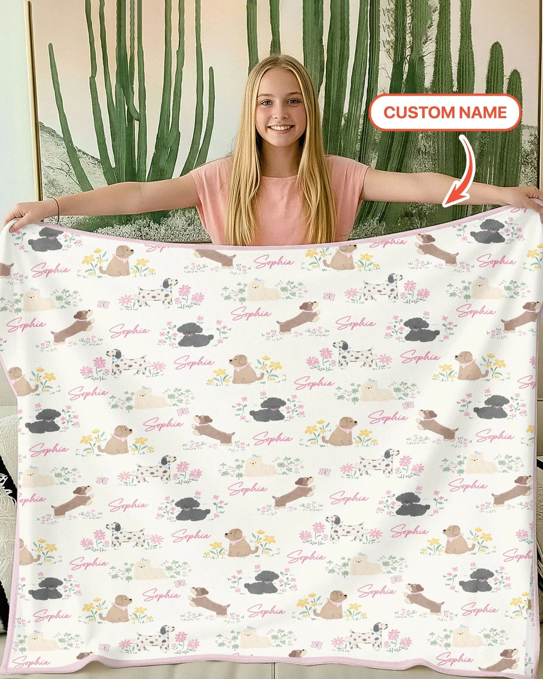 Custom Name Flower Dogs Bamboo Blanket