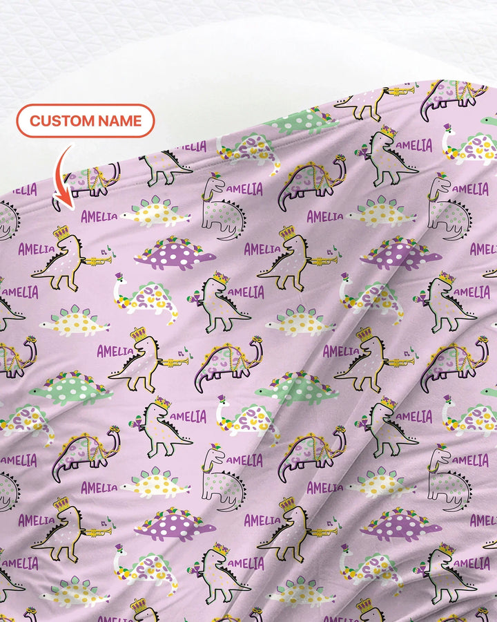 Custom Name Mardi Gras Saurus Bamboo Swaddle Blanket