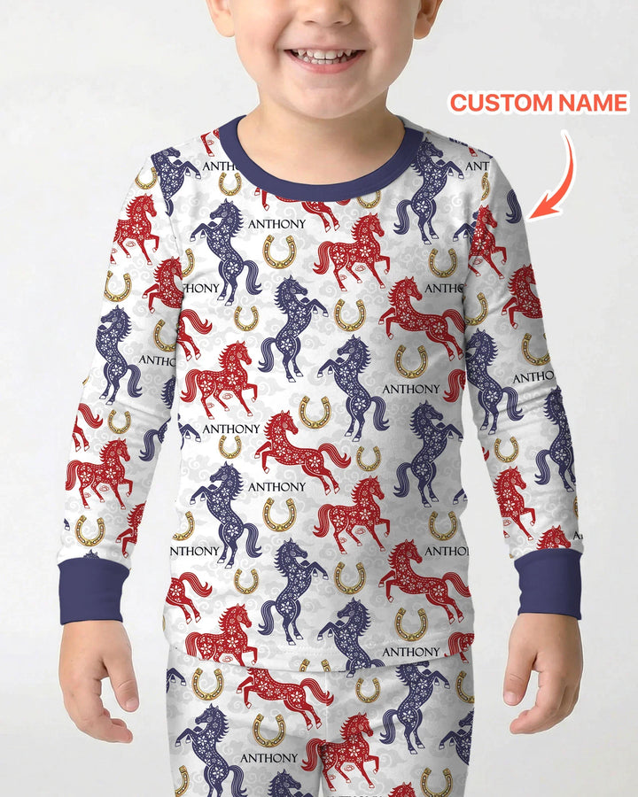Custom Name Chinoiserie Horses Bamboo Two Piece Long Sleeve Pajama Set