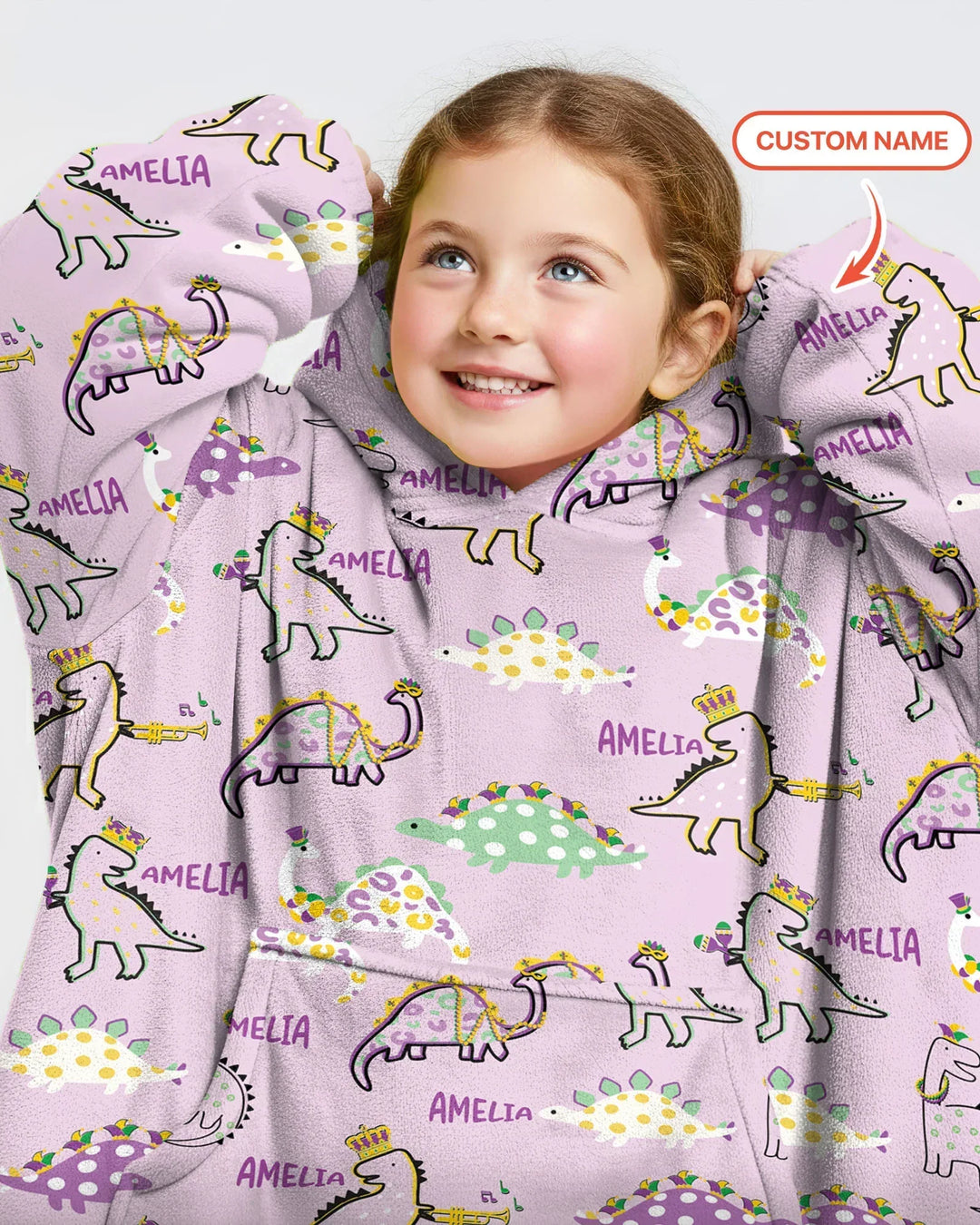 Personalisierte Mardi Gras Saurus tragbare Bambus-Decken-Hoodie