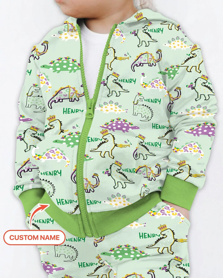 Personalisierter Name Mardi Gras Saurus Kapuzenpullover aus Bambus mit Reißverschluss