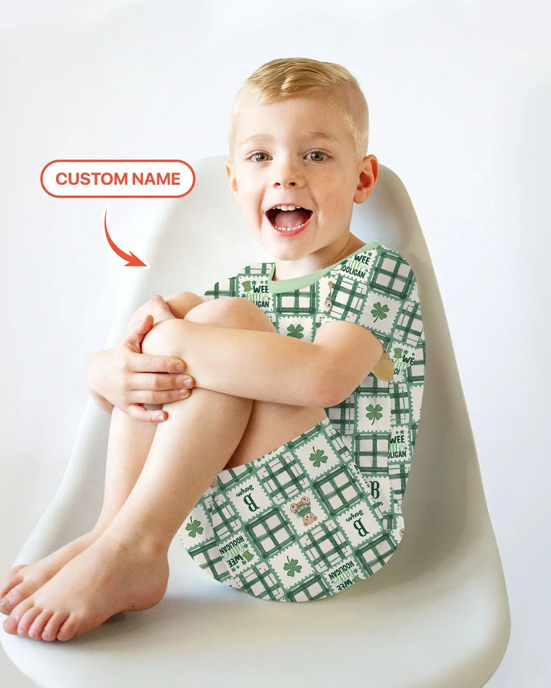 Custom Name Teddy Bear Gingham St. Patrick's Day Bamboo Two Piece Short Sleeve Shorts Pajama Set