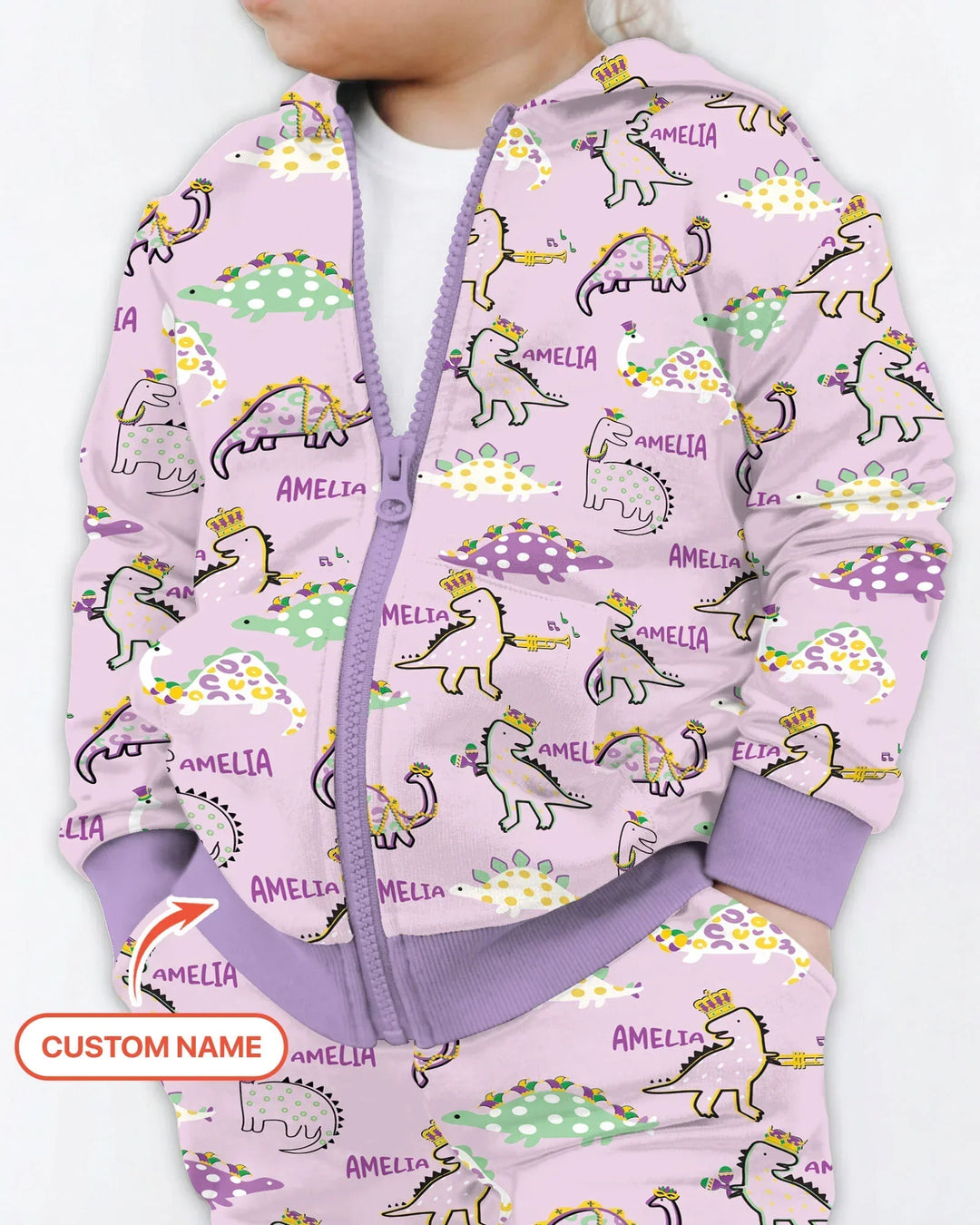 Personalisierter Name Mardi Gras Saurus Kapuzenpullover aus Bambus mit Reißverschluss