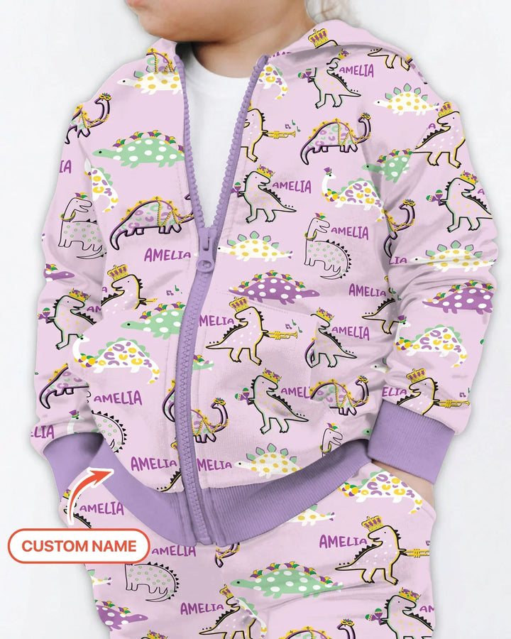 Personalisierter Name Mardi Gras Saurus Kapuzenpullover aus Bambus mit Reißverschluss