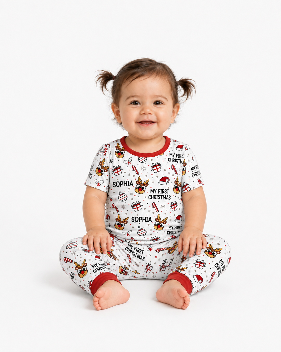 Custom Name Reindeer Doodle My First Christmas Bamboo Two Piece Short Sleeve Pajama Set