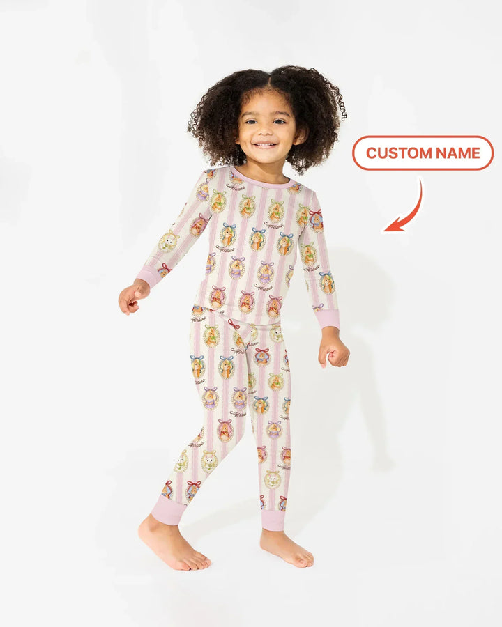 Custom Name Vintage Easter Bunny Bamboo Two Piece Long Sleeve Pajama Set