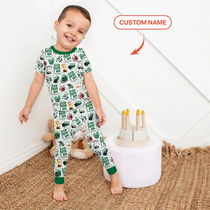 God Says I Am Touch Down Time Custom Name Bamboo Two Piece Short Sleeve Pajama Set