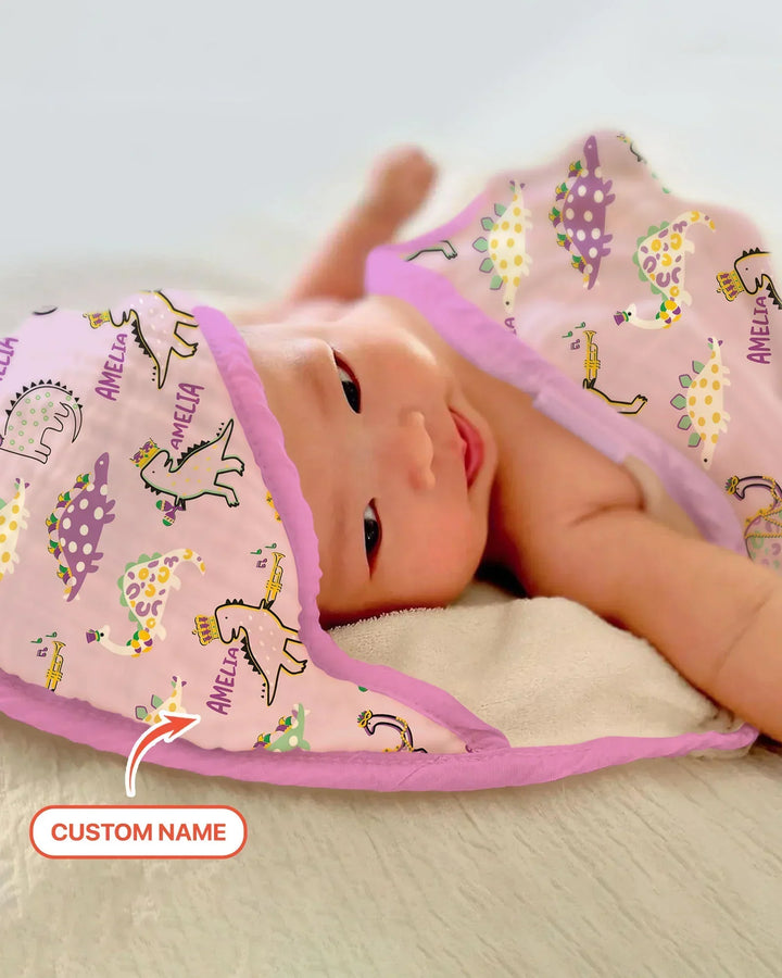 Custom Name Mardi Gras Saurus Hooded Bamboo Towel Set