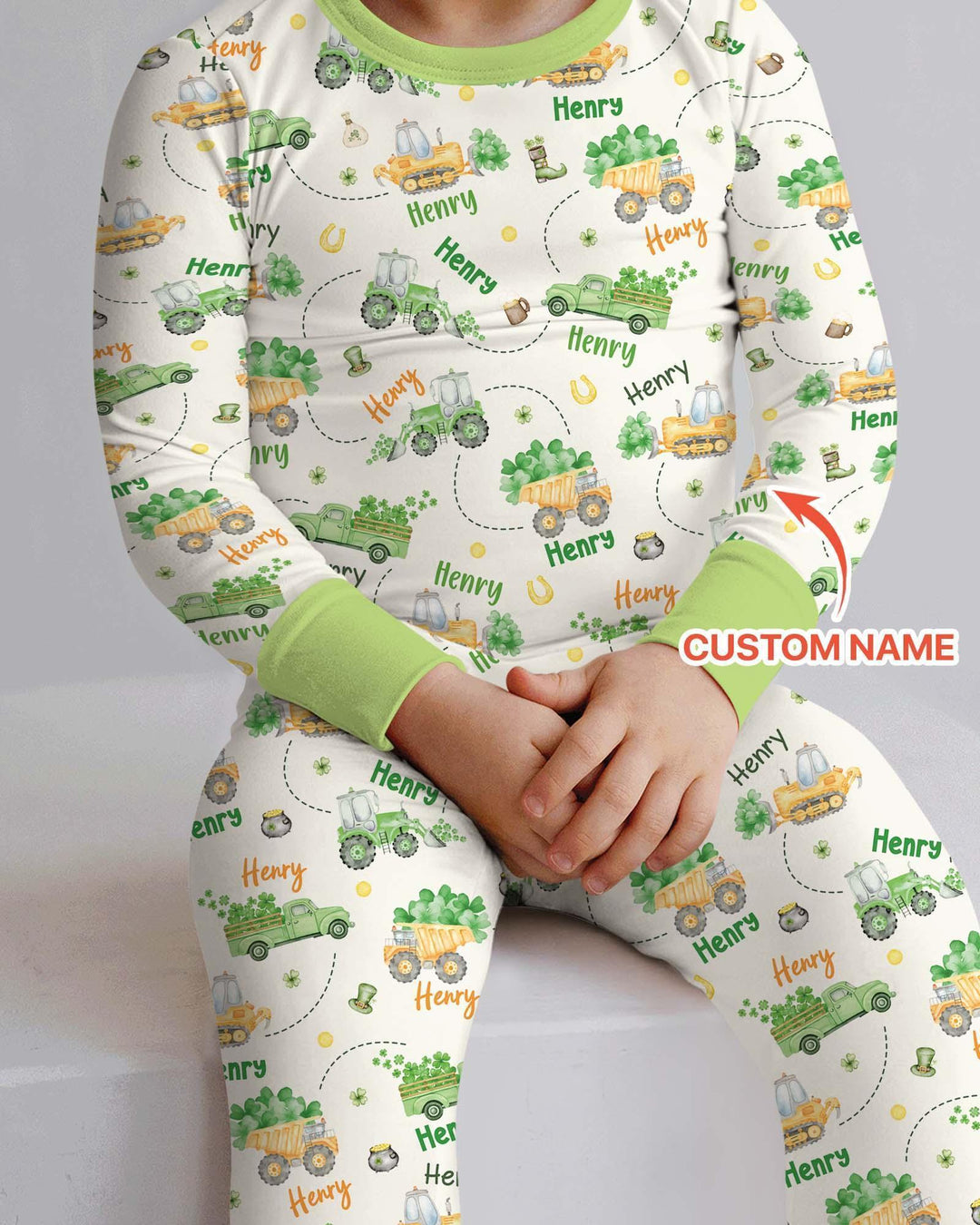 Construction St. Patrick's Day Custom Name Bamboo Two Piece Long Sleeve Pajama Set