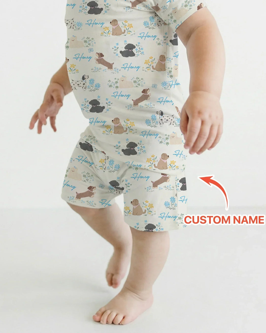 Custom Name Flower Dogs Bamboo Two Piece Short Sleeve Shorts Pajama Set