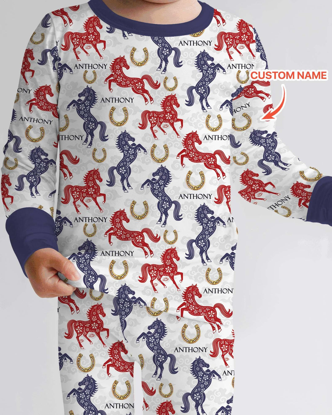 Custom Name Chinoiserie Horses Bamboo Two Piece Long Sleeve Pajama Set