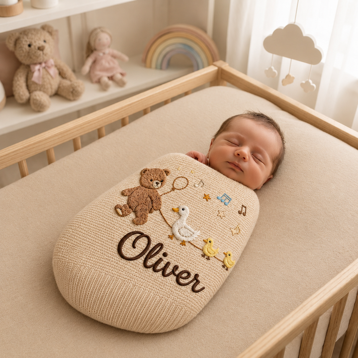 Cutie Teddy Embroidered Baby Cotton Blanket