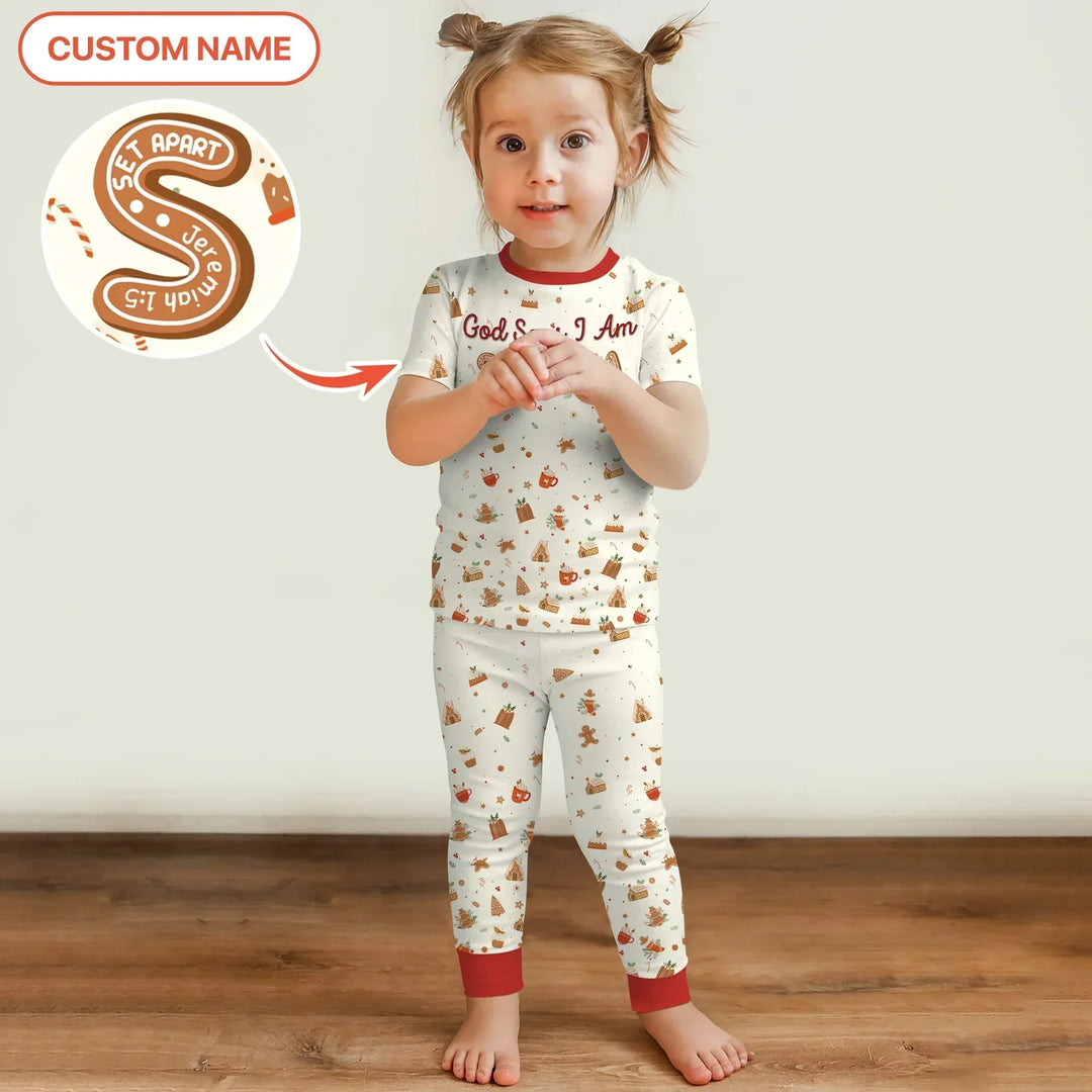 GingerBread God Says I Am Custom Name Two Piece Short Sleeve Pajama Set , GingerBread God Says I Am Custom Name Two Piece Short Sleeve Pajama Set - 12-18M