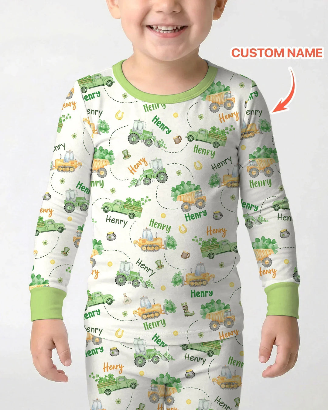 Construction St. Patrick's Day Custom Name Bamboo Two Piece Long Sleeve Pajama Set