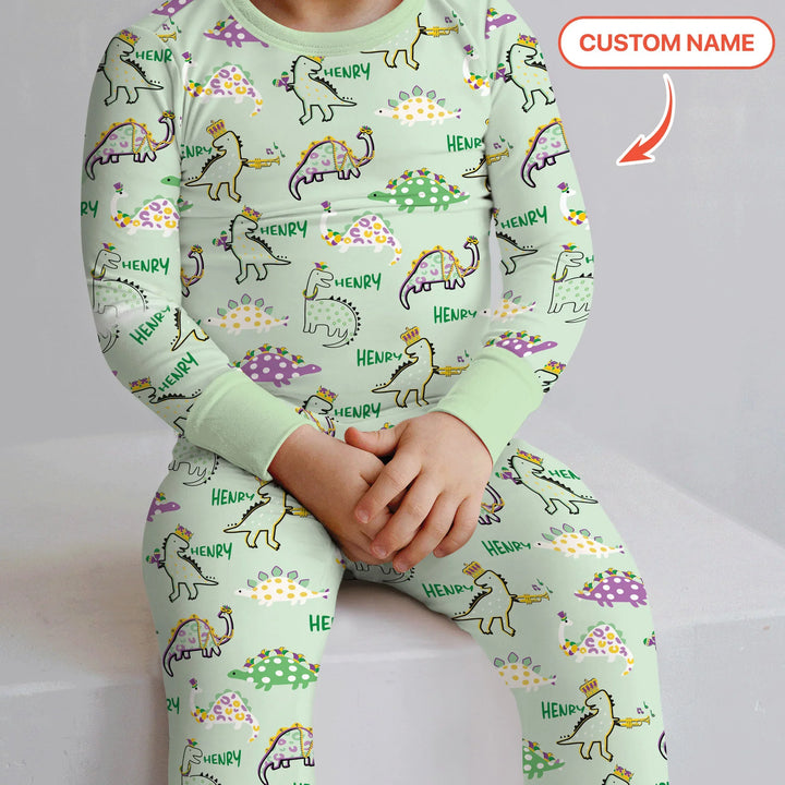Custom Name Mardi Gras Saurus Bamboo Two Piece Long Sleeve Pajama Set