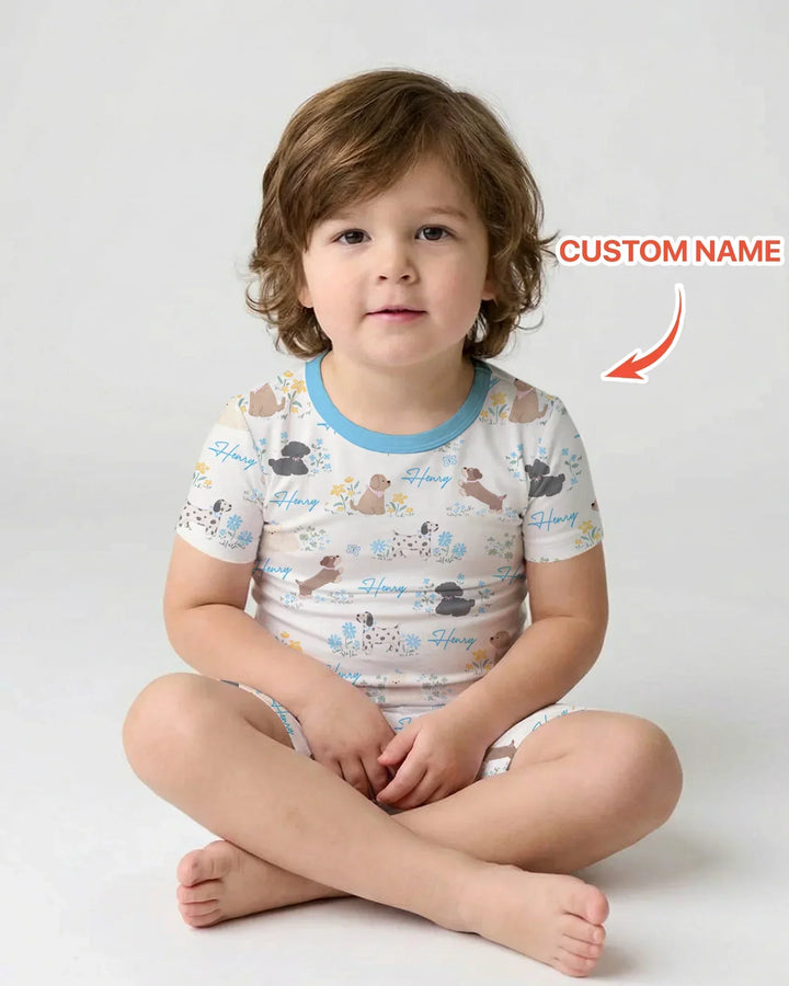 Custom Name Flower Dogs Bamboo Two Piece Short Sleeve Shorts Pajama Set