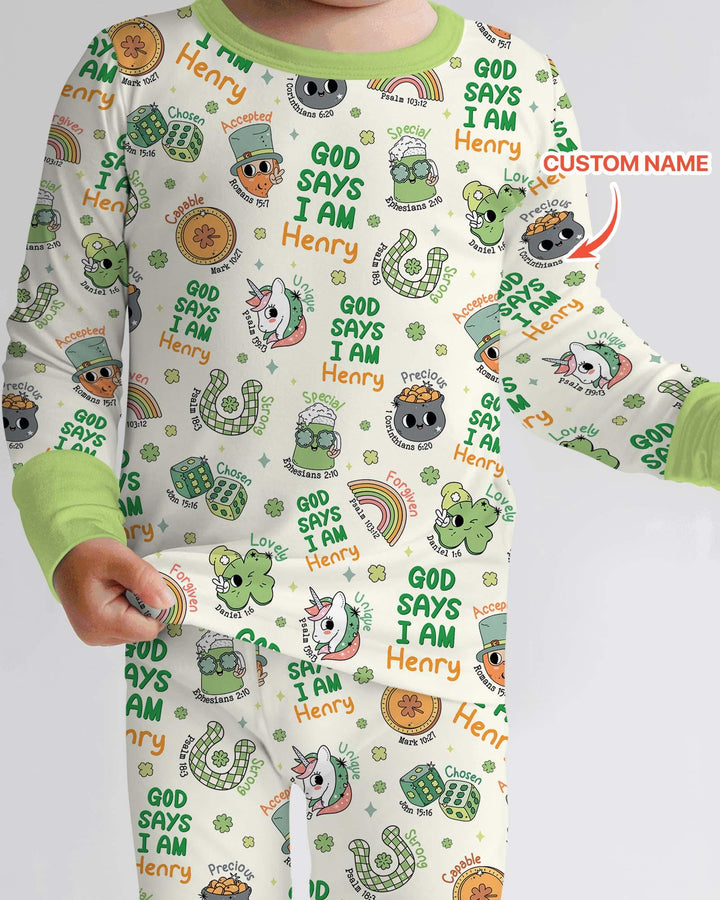 Personalized God Says I Am St. Patrick's Day Family Matching Bamboo Two Piece Long Sleeve Pajama Set