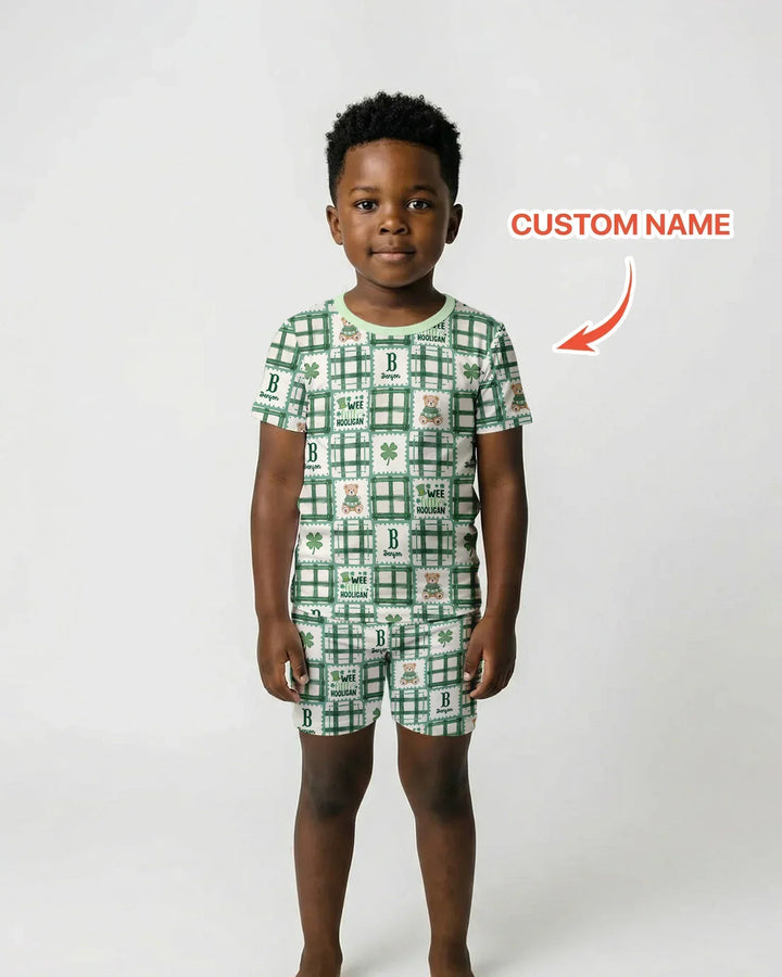 Custom Name Teddy Bear Gingham St. Patrick's Day Bamboo Two Piece Short Sleeve Shorts Pajama Set