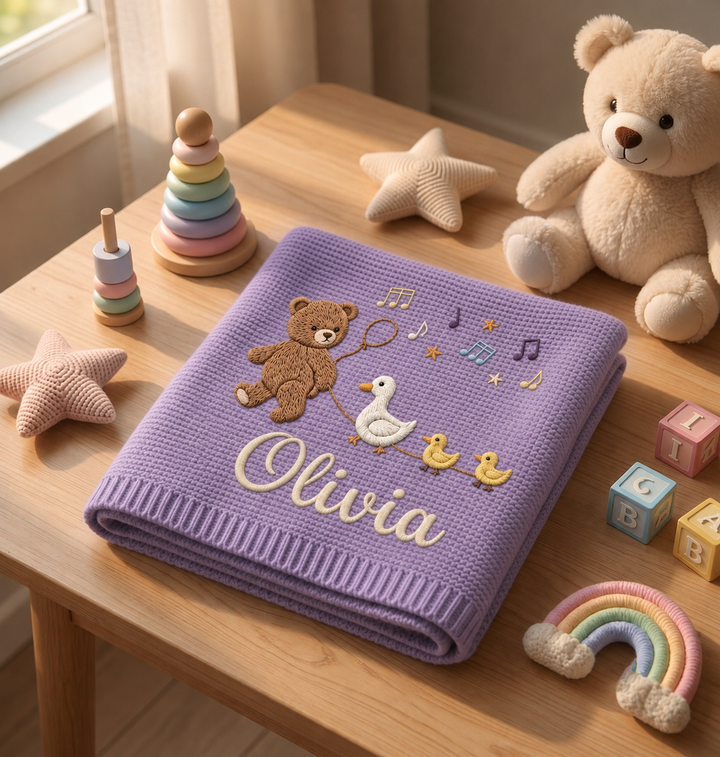Cutie Teddy Embroidered Baby Cotton Blanket