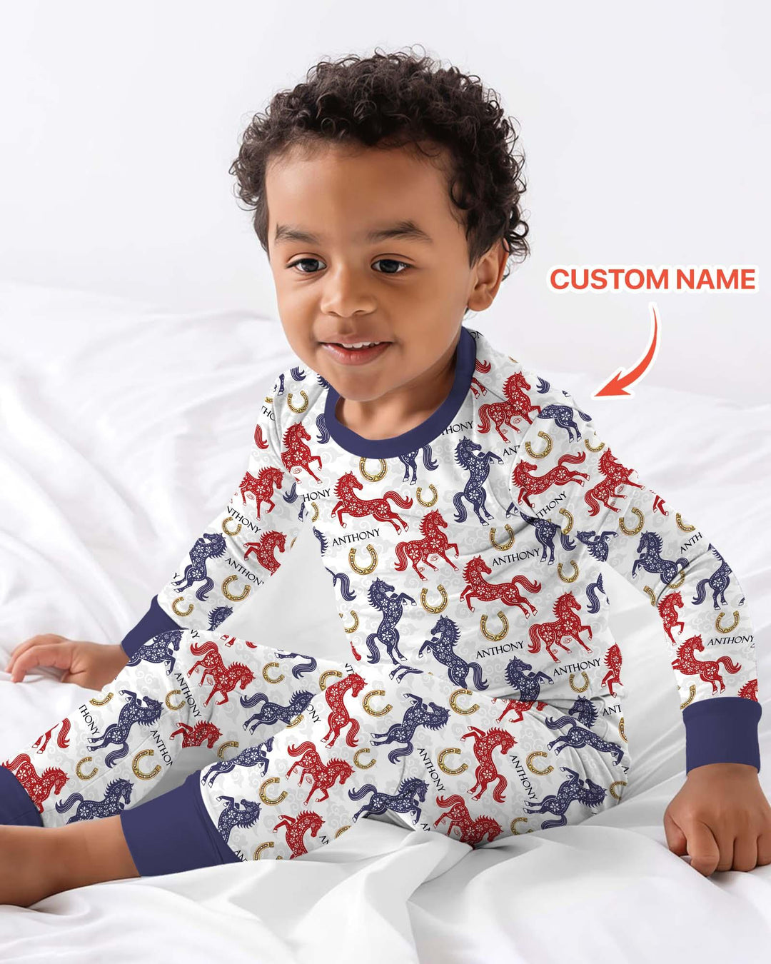 Custom Name Chinoiserie Horses Bamboo Two Piece Long Sleeve Pajama Set
