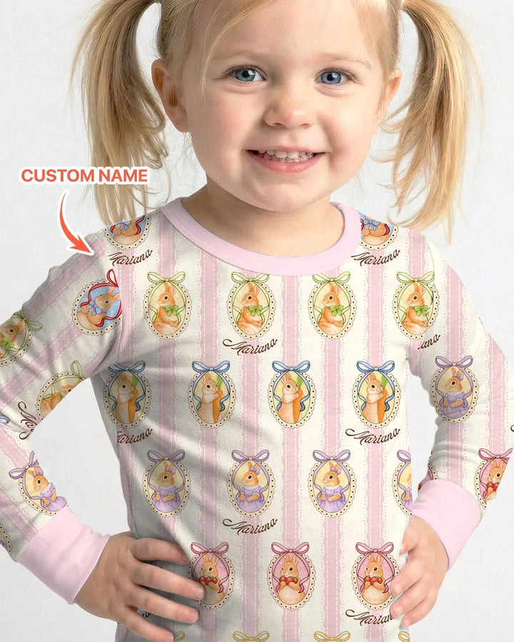 Custom Name Vintage Easter Bunny Bamboo Two Piece Long Sleeve Pajama Set