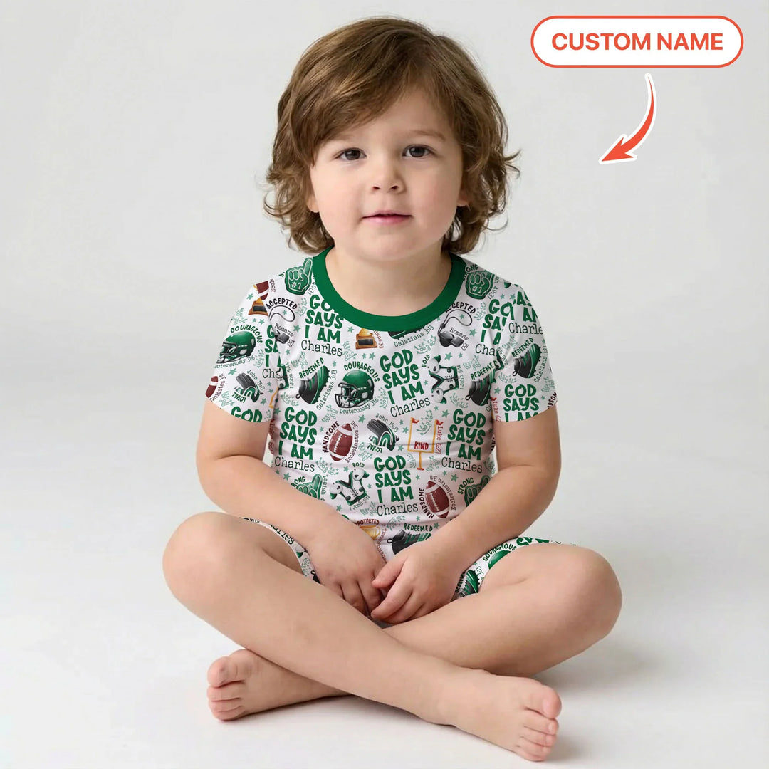 God Says I Am Touch Down Time Custom Name Bamboo Two Piece Short Sleeve Shorts Pajama Set