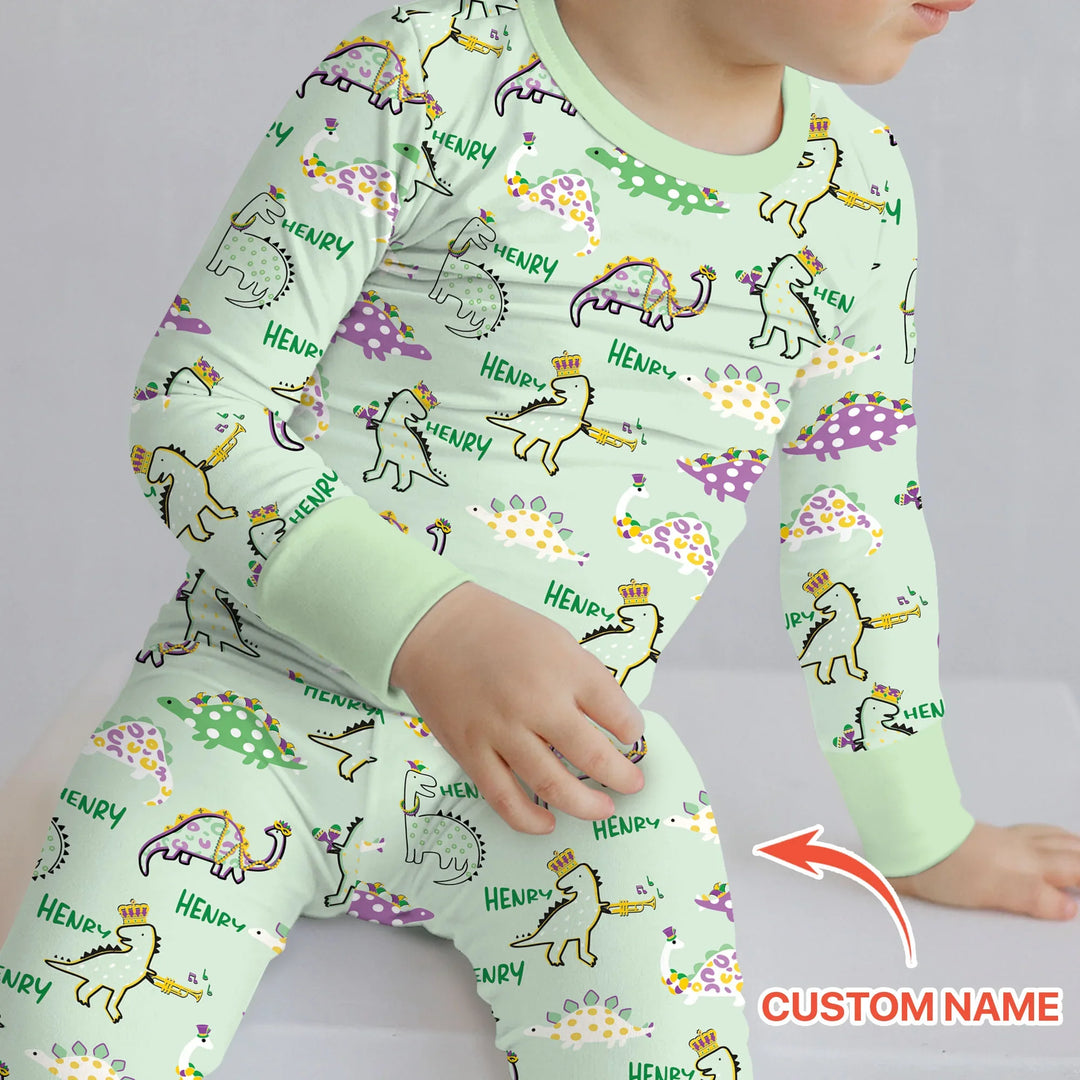 Custom Name Mardi Gras Saurus Bamboo Two Piece Long Sleeve Pajama Set