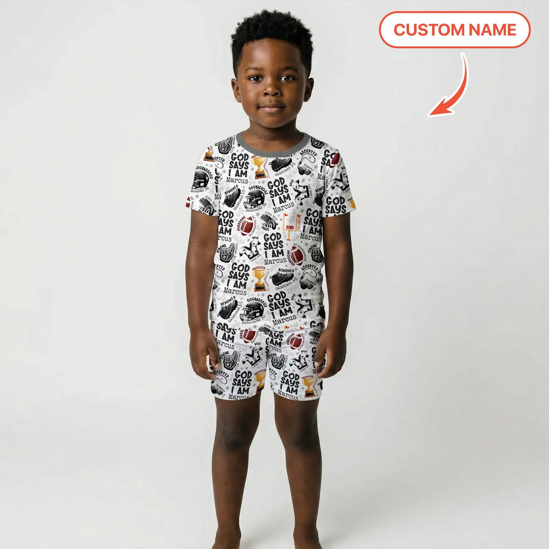 God Says I Am Touch Down Time Custom Name Bamboo Two Piece Short Sleeve Shorts Pajama Set
