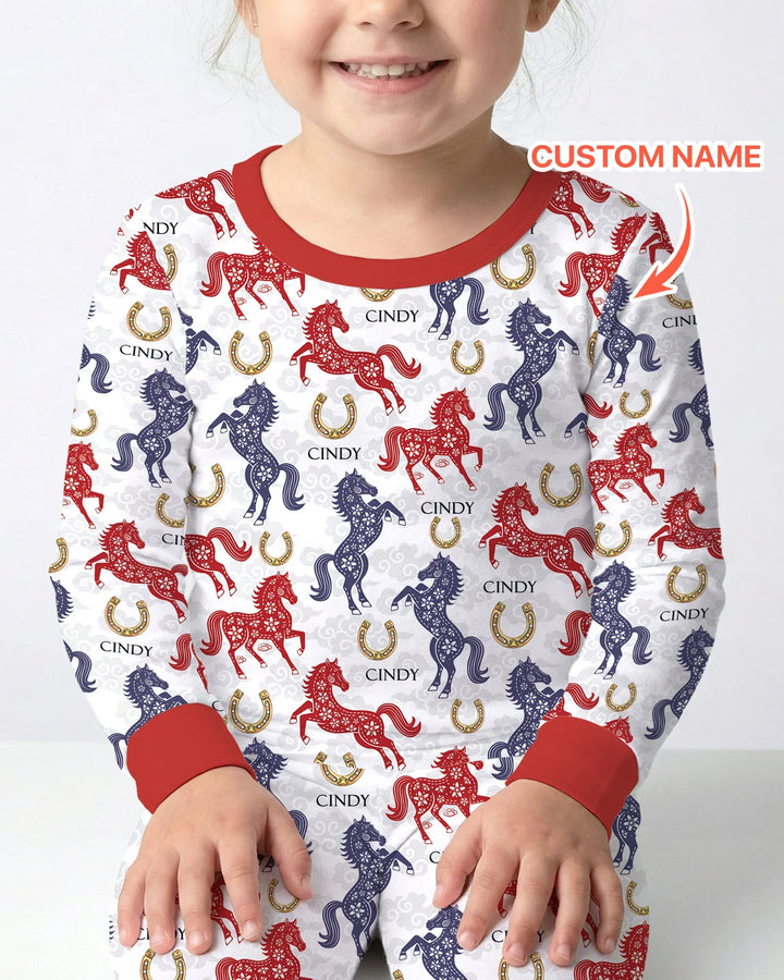 Custom Name Chinoiserie Horses Bamboo Two Piece Long Sleeve Pajama Set