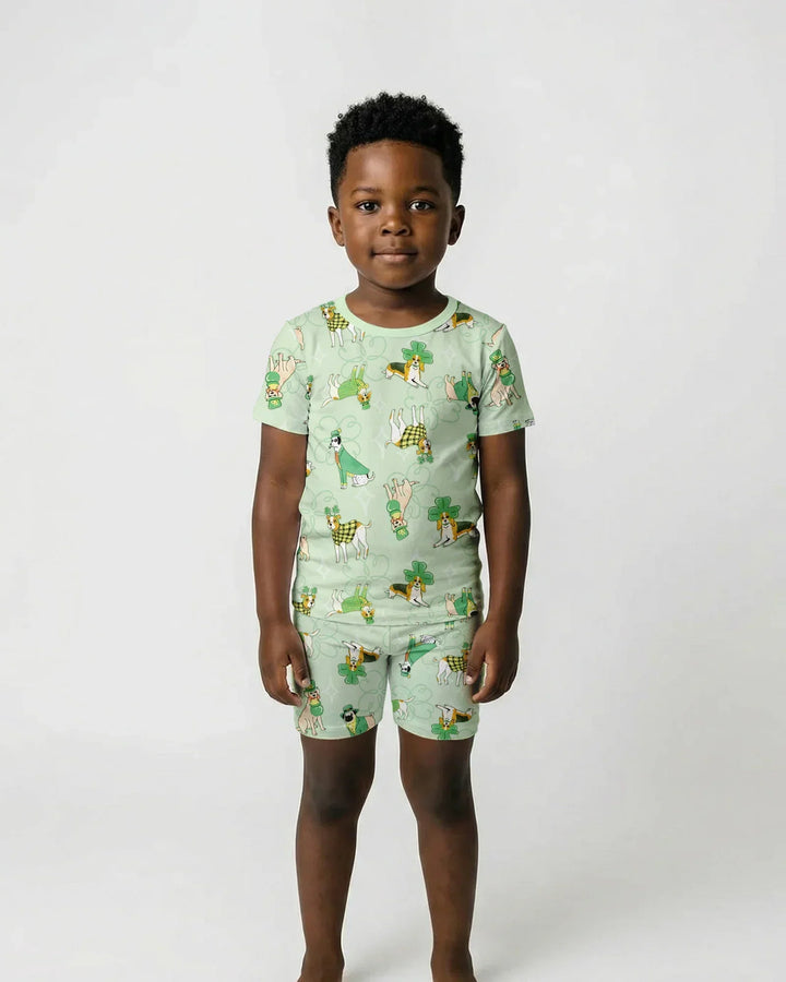 St. Patrick's Day Puppies Bamboo Two Piece Short Sleeve Shorts Pajama Set