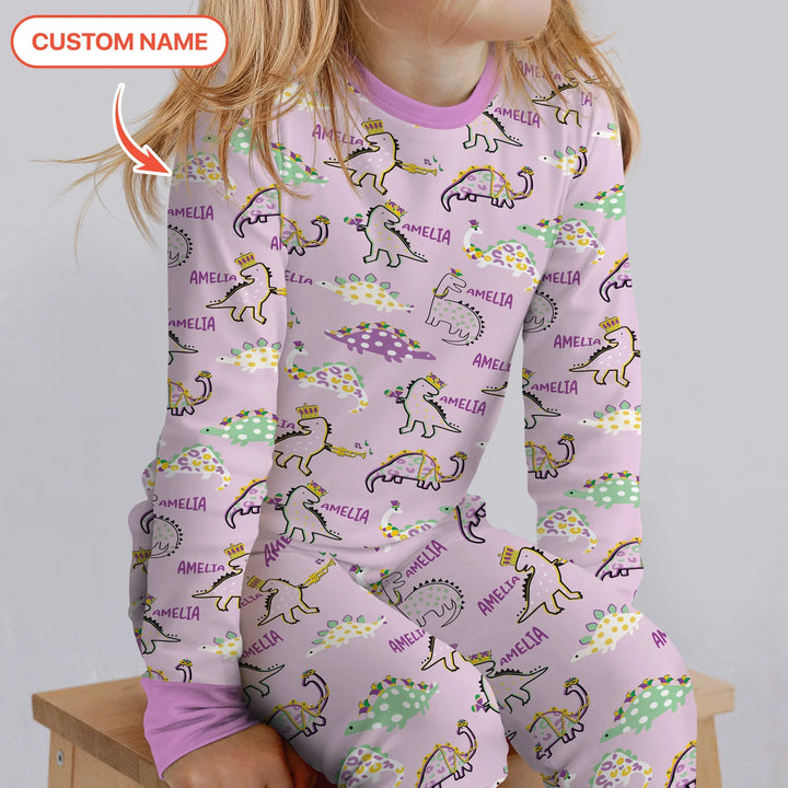 Custom Name Mardi Gras Saurus Bamboo Two Piece Long Sleeve Pajama Set
