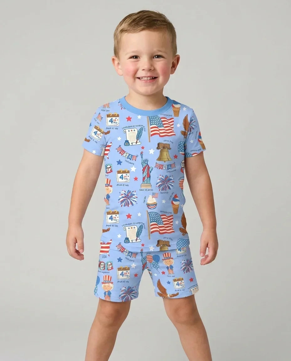 Hand Drawn Patriotic Iconic Bamboo Two Piece Short Sleeve Shorts Pajama Set