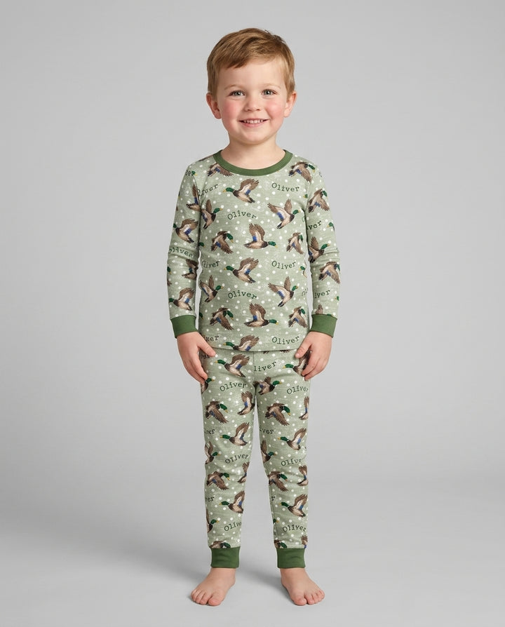 Custom Name Flying Mallard Duck Bamboo Two Piece Long Sleeve Pajama Set