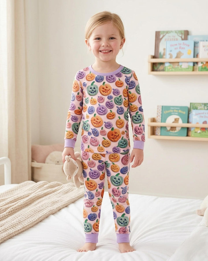 Happy Halloween Pastel Jack O Lanterns Bamboo Two Piece Long Sleeve Pajama Set