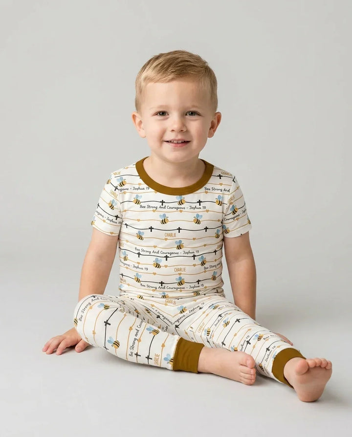 Bee Strong And Courageous Custom Name Bamboo Two Piece Short Sleeve Pajama Set