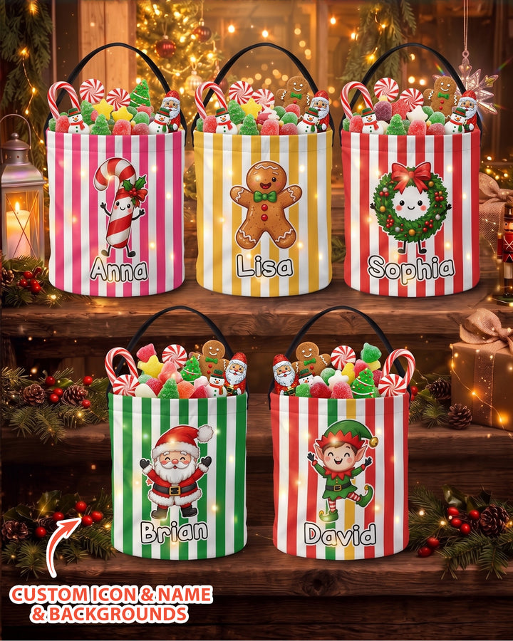 Persnalized Christmas Striped Festive Holiday Characters Led Light Bucket Bag