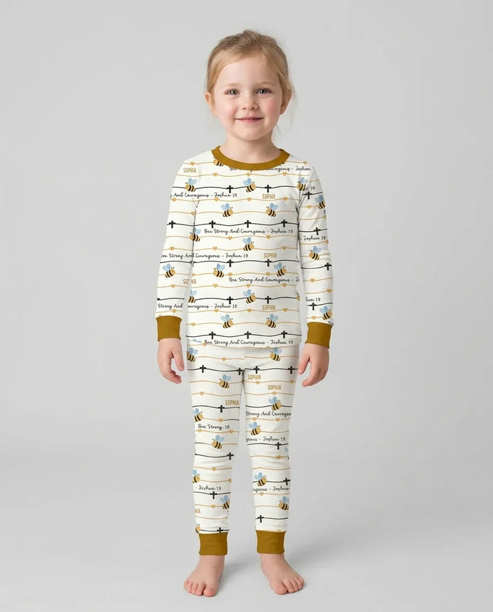 Bee Strong And Courageous Custom Name Bamboo Two Piece Long Sleeve Pajama Set