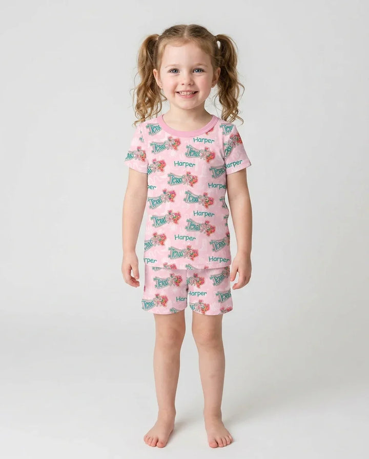 Custom Name Preppy Texas Charm Bamboo Two Piece Short Sleeve Shorts Pajama Set