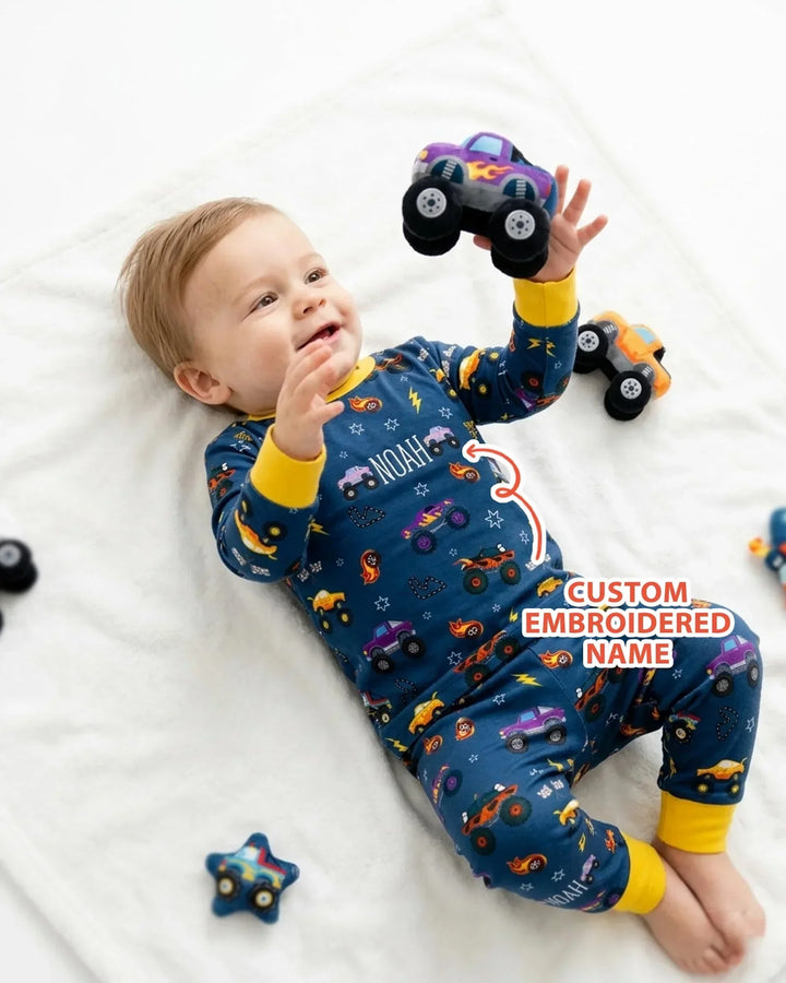 Custom Name Embroidered Crazy Truck Bamboo Two Piece Long Sleeve Pajama Set