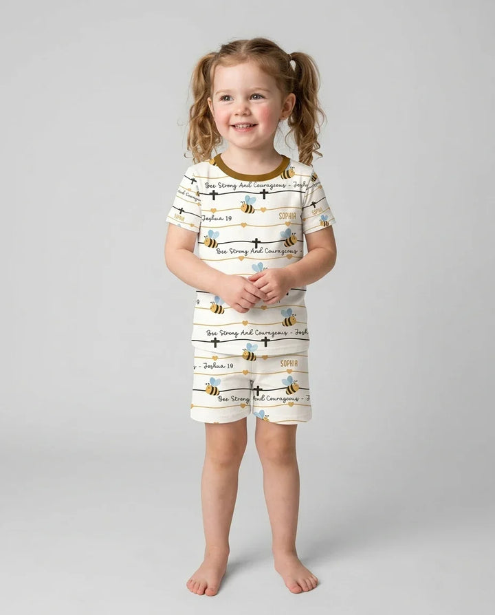 Bee Strong And Courageous Custom Name Bamboo Two Piece Short Sleeve Shorts Pajama Set