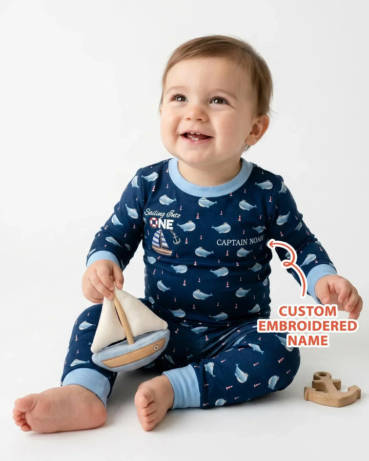 Custom Embroidered Name 1st Birthday Boy Bamboo Two Piece Long Sleeve Pajama Set