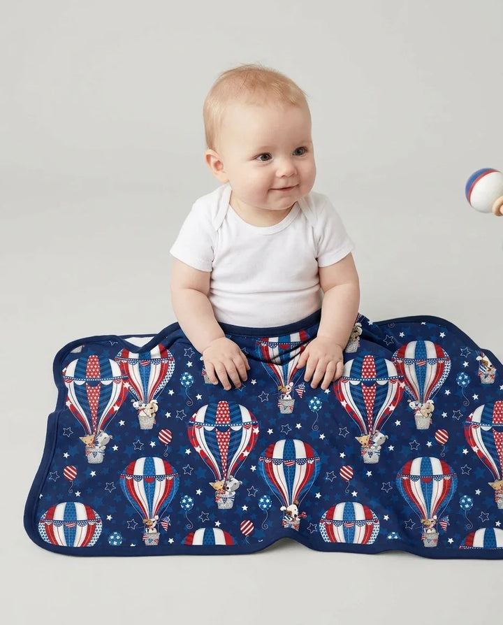 Patriotic Pups in Hot Air Balloons Family Matching Bamboo Blanket