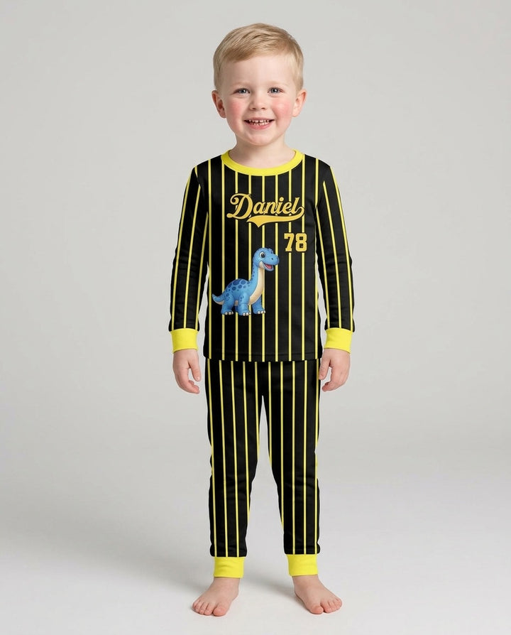 Personalized Retro Stripe Dinosaur T-Rex Bamboo Two Piece Long Sleeve Pajama Set