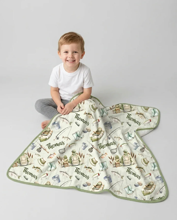 Custom Name Fishing Day Daddy & Me Matching Bamboo Blanket